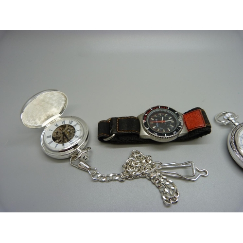 1052 - Two modern pocket watches and two wristwatches