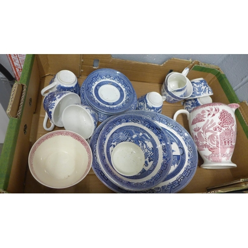 1063 - Three boxes of blue and white and Willow pattern china **PLEASE NOTE THIS LOT IS NOT ELIGIBLE FOR PO... 