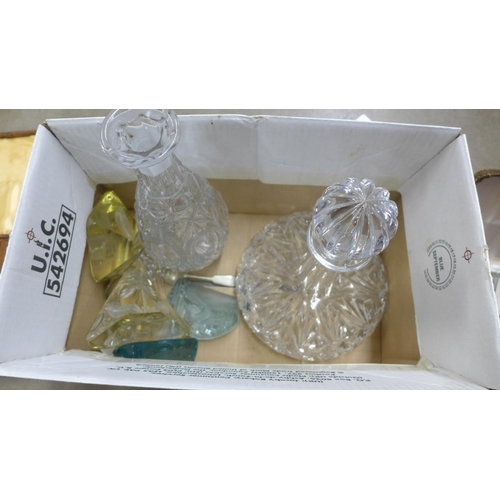 1073 - Three glass decanters, four glass paperweights, plated fish knives, etc. **PLEASE NOTE THIS LOT IS N... 