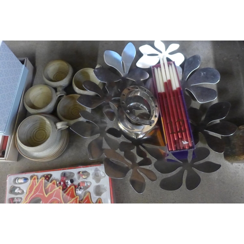 1086 - A large stainless steel fruit bowl, a boxed Christmas tree and decorations, two candle holders, cand... 