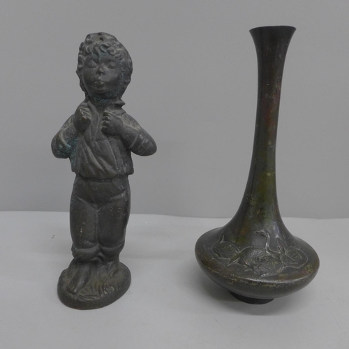 627 - A cast bronze figure of a boy and a Chinese style bronze vase