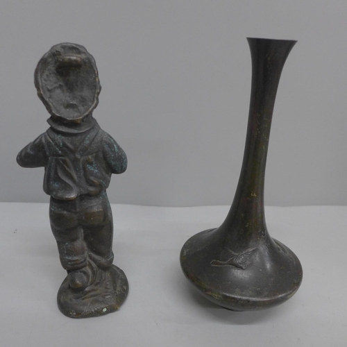 627 - A cast bronze figure of a boy and a Chinese style bronze vase