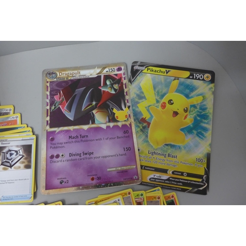 637 - 200+ Pokemon cards with dice, coins, protective sleeves and two large cards