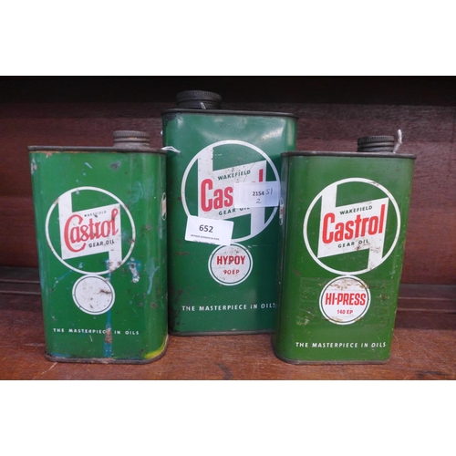 652 - Three Castrol Wakefield gear oil cans