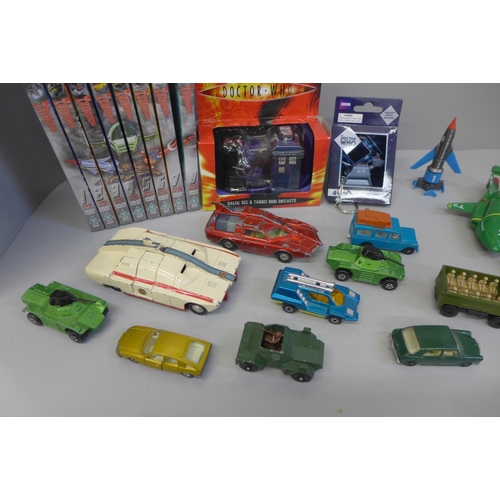 679 - A collection of die-cast toys including Thunderbirds, Captain Scarlet and Dr Who  eight Thunderbirds... 