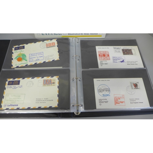 688A - Stamps; an album of 100 Lufthansa first flight covers together with a book on the history of Lufthan... 