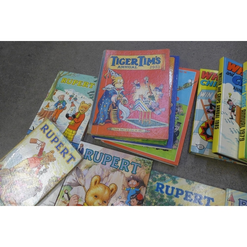 718 - Two boxes of annuals, ten Rupert annuals, Beano, Viz, two Tiger, Shiver and Shake, etc.