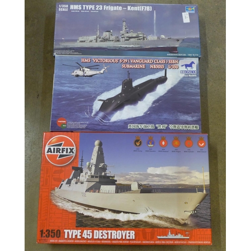 729 - Three model ship kits including Airfix