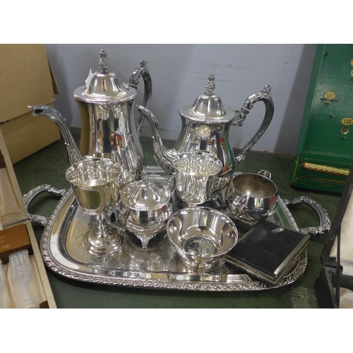 759 - A chrome four piece tea service, a vanity set and a cased set of steak knives and forks, etc.