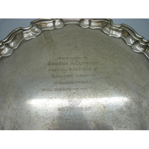 799 - A silver salver with presentation inscription dated 1952, Sheffield 1951, 546g