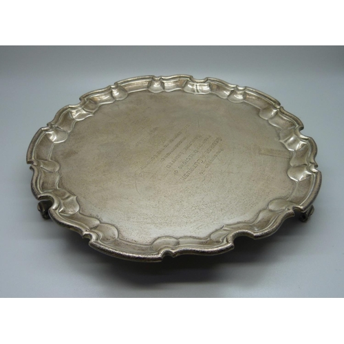 799 - A silver salver with presentation inscription dated 1952, Sheffield 1951, 546g