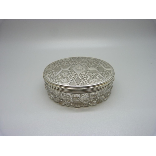 803 - A silver topped cut glass trinket box, 52g silver, London 1859, Victoria Head