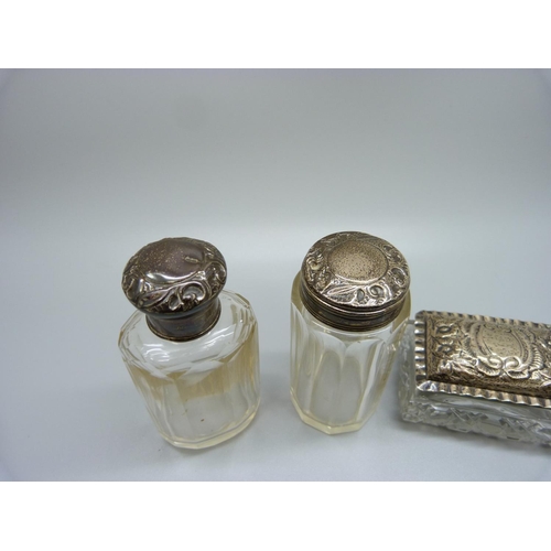 809 - Three silver lidded items; bottle, pot and jar