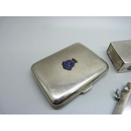 813 - A silver vesta case with personalised engraving, matchbox holder and two silver pencils and chrome c... 