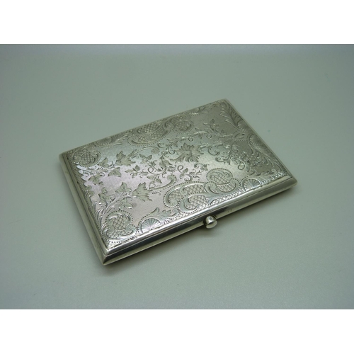 821 - A silver card case, with engine turned and engraved foliate decoration, Birmingham 1901, leather lin... 