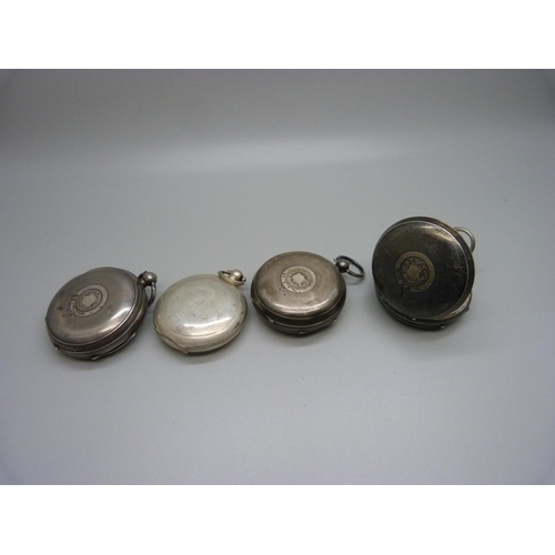 828 - Three silver pocket watches and an 0.800 silver full hunter pocket watch case