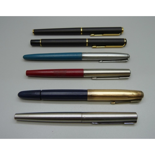 833 - Two Parker fountain pens and four Parker pens