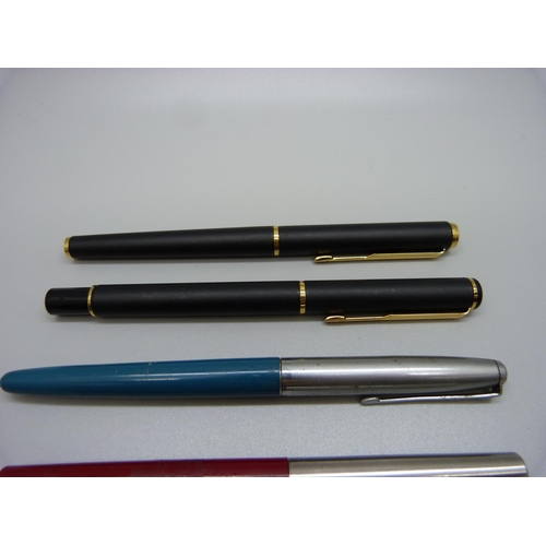 833 - Two Parker fountain pens and four Parker pens