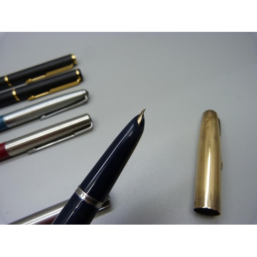 833 - Two Parker fountain pens and four Parker pens