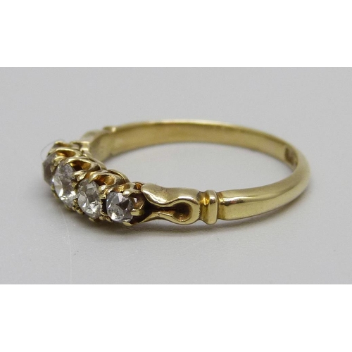 867 - An 18ct gold and five stone diamond ring, 2.7g, O