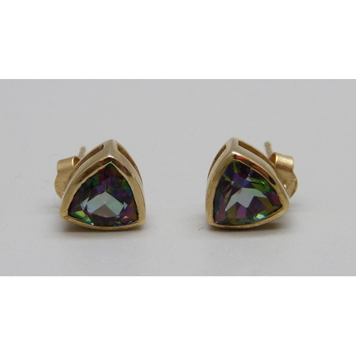 875 - A pair of 9ct gold and mystic topaz ear studs, 2.5g