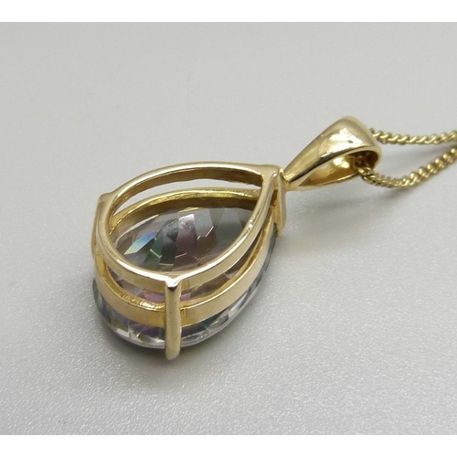 881 - A 9ct gold mounted mystic topaz pendant and chain, 9.7g