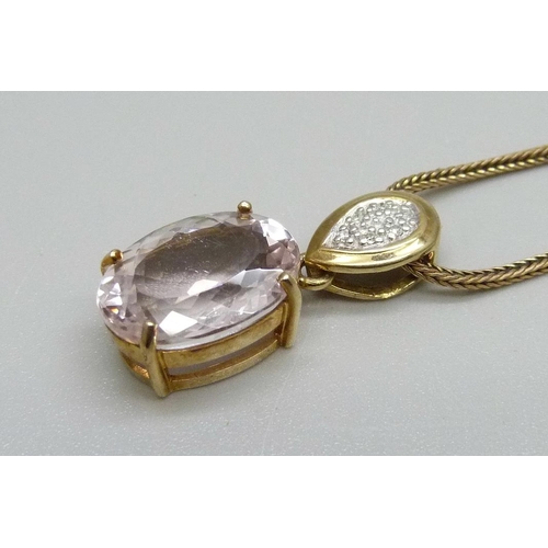 885 - A 9ct gold, morganite and diamond pendant and chain, 6.0g