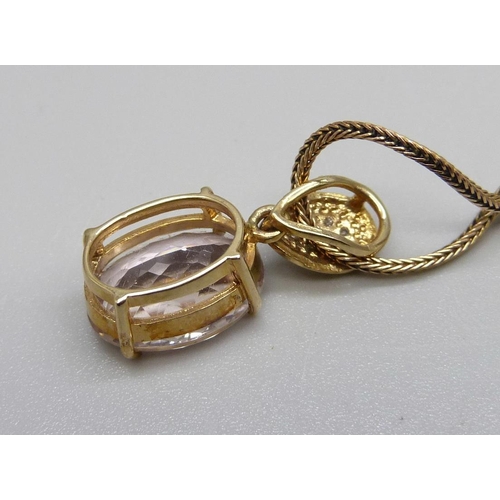 885 - A 9ct gold, morganite and diamond pendant and chain, 6.0g