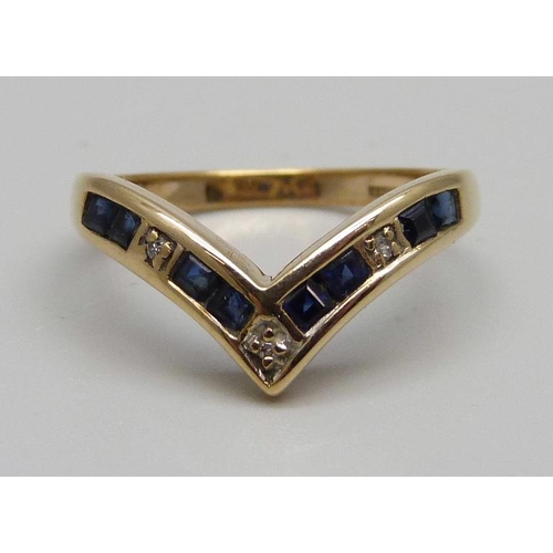 887 - A 9ct gold, sapphire and diamond wishbone ring, 2.0g, L