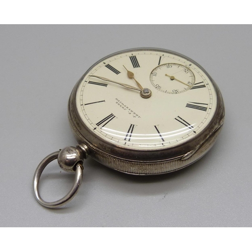 905 - A silver fusee pocket watch, dial marked JP Jones, Aberystwith