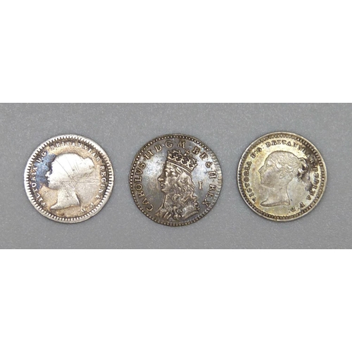 906 - Three coins, Charles II one pence and two Victorian 1½ pence coins, 1839 and 1842