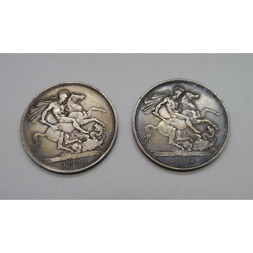 907 - Two Victorian crowns, 1887 and 1894, 56g