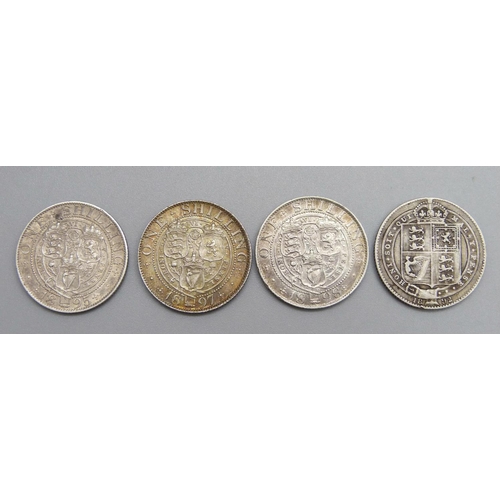 918 - Four one shilling coins, 1892, 1895, 1897 and 1898