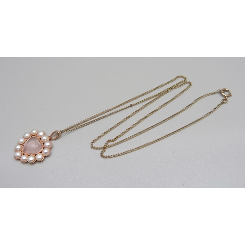 932 - A silver gilt, rose quartz and pearl pendant and chain with certificate