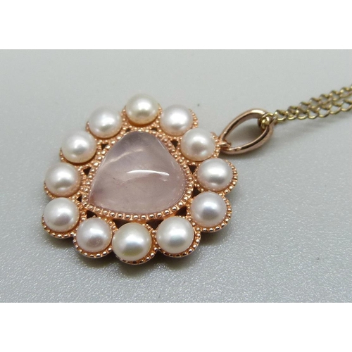 932 - A silver gilt, rose quartz and pearl pendant and chain with certificate