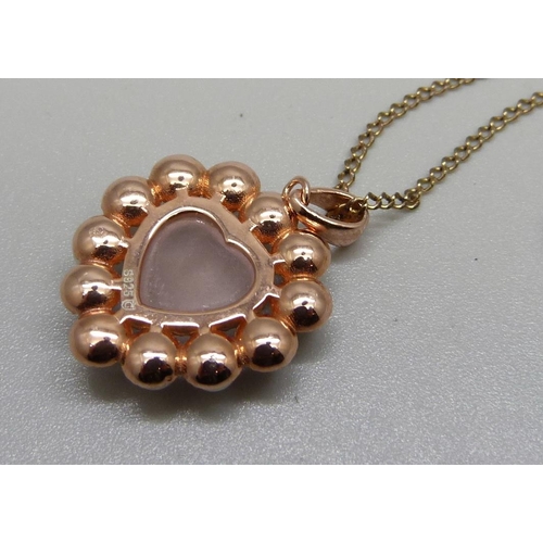 932 - A silver gilt, rose quartz and pearl pendant and chain with certificate