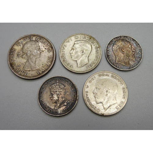 954 - A collection of silver coins, 1904 One Florin, 1928 and 1942 Half Crowns, 1927 Australia One Florin ... 