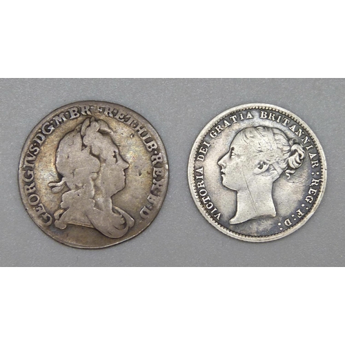 961 - Two sixpence coins, George I 1723 and Victoria 1869