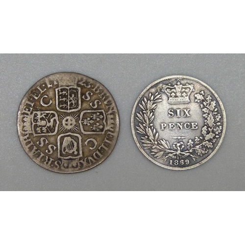 961 - Two sixpence coins, George I 1723 and Victoria 1869