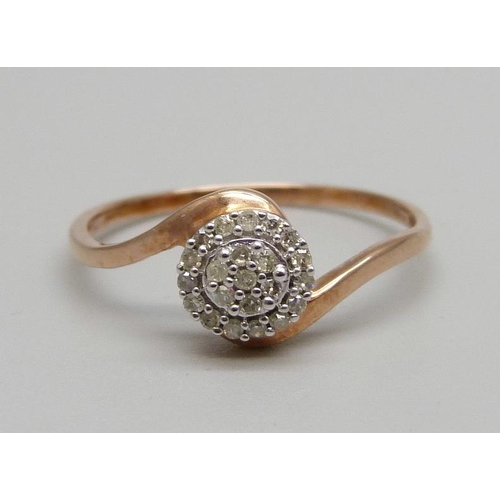 971 - A 9ct rose gold, twenty-two diamond cluster ring, with certificate, 1.6g, U