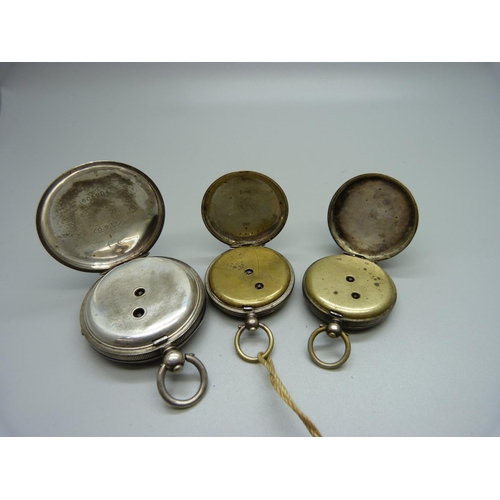 976 - A silver pocket watch and two silver fob watches, one lacking glass