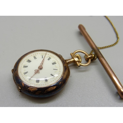 982 - A yellow metal pendant watch on a 9ct gold bar brooch, gross weight 21g