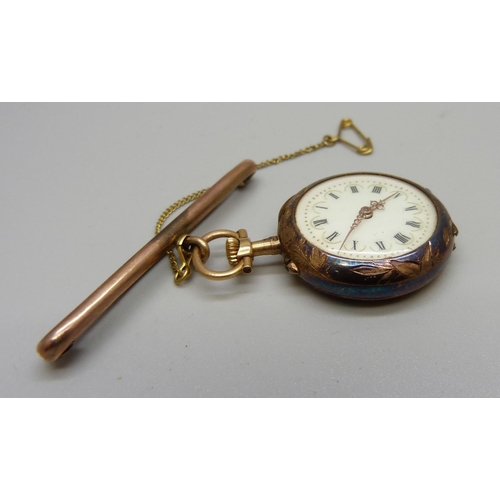 982 - A yellow metal pendant watch on a 9ct gold bar brooch, gross weight 21g