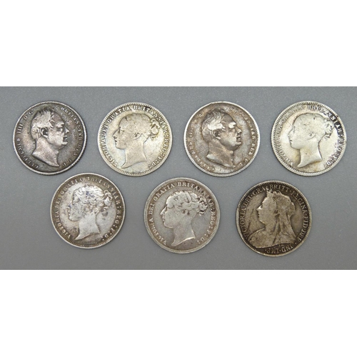 988 - Seven 19th Century sixpence coins