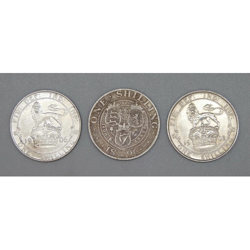 999 - Three one shilling coins, 1896, 1902 and 1906