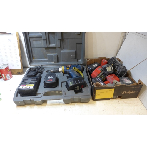 2008 - Ryobi drill, batteries & box of assorted batteries & Makita drill