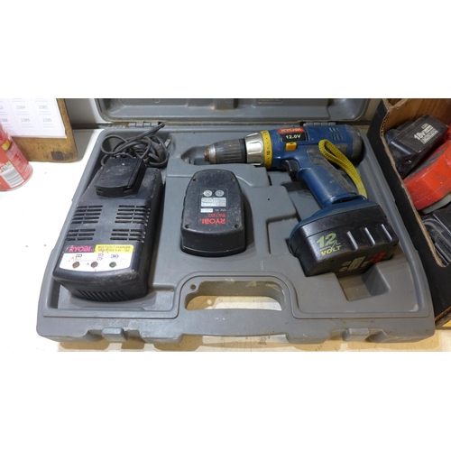 2008 - Ryobi drill, batteries & box of assorted batteries & Makita drill