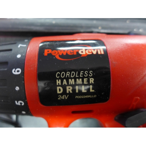 2037 - Powerdevil cordless 24V hammer drill with battery and charger in case - W