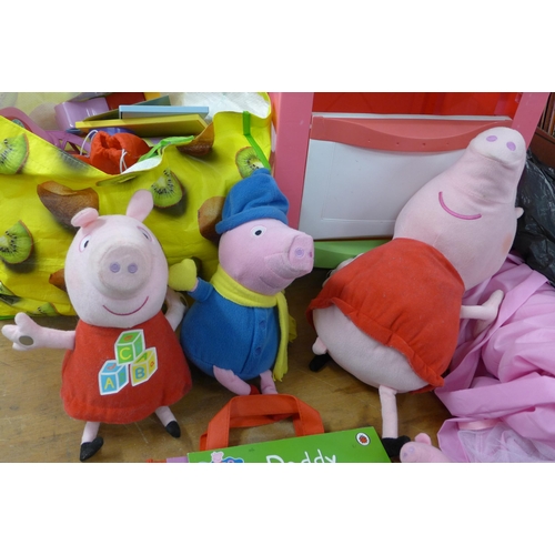 2054 - Peppa Pig bundle: plush toys, book with CDs, toy sets, kitchen & Princess tent