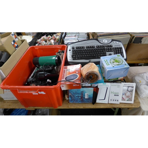 2096 - Box of household items inc keyboard, phone covers, signal splitter and ornamental light up rock